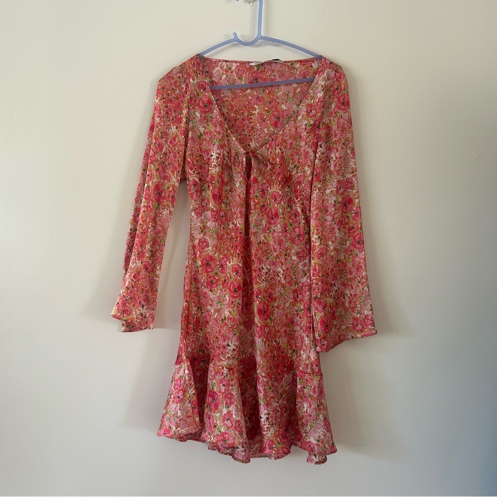 Zara Floral Fit & Flare Blogger Favorite Pink Dress Size L - Picture 2 of 7